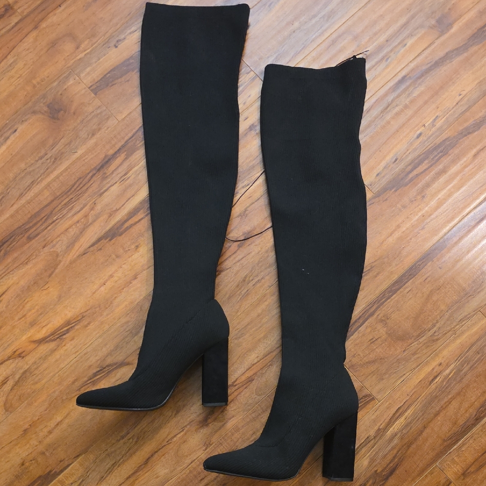 Forever 21 Black Ribbed Thigh High Sock Stretch Heeled Boots size 8 new
